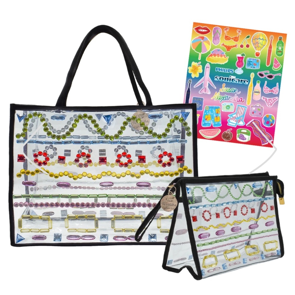 SOLD travelina x philips one by sonicare tote bag, pouchette and sticker bundle